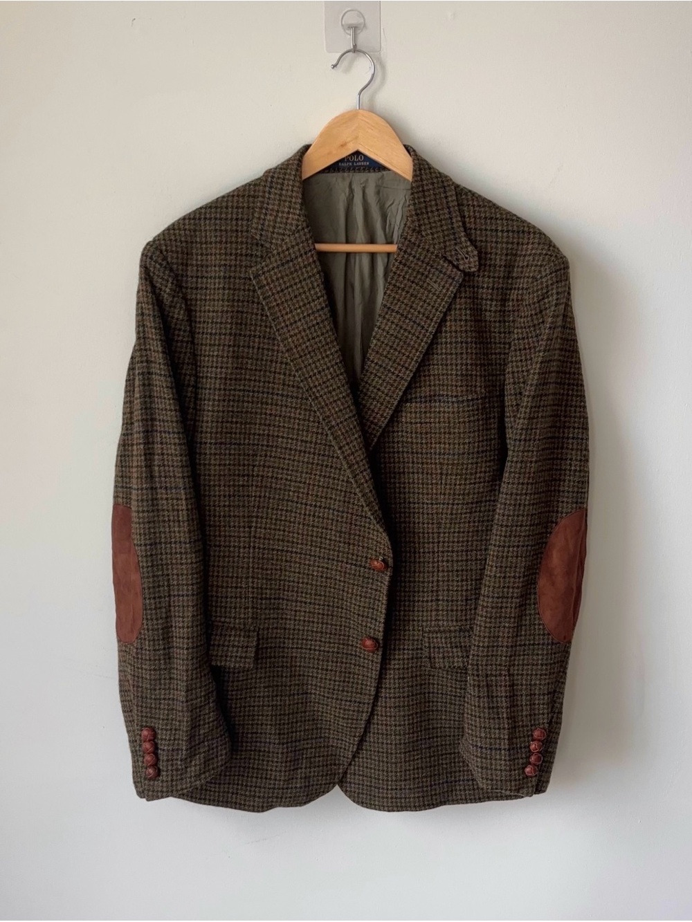 Polo Ralph Lauren Size 48R 100% Wool Houndstooth Tweed Blazer Italy Elbow Patch